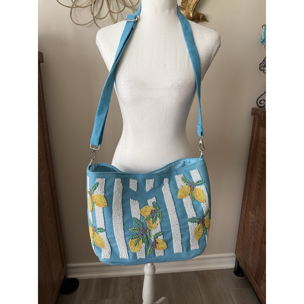 Sol & Mer Beaded Lemon Crossbody Bag Blue White Stripe Shoulder Purse NWOT